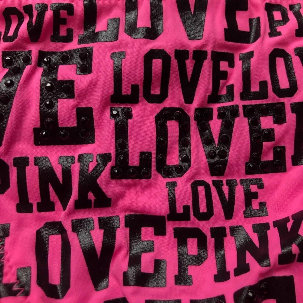 PINK Victoria’s Secret Love Pink Print Ruched Rhinestone Bikini Bottom - Picture 3 of 16